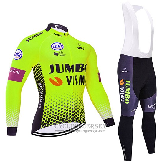 2019 Cycling Jersey Jumbo Visma Green Black Long Sleeve And Bib Tight